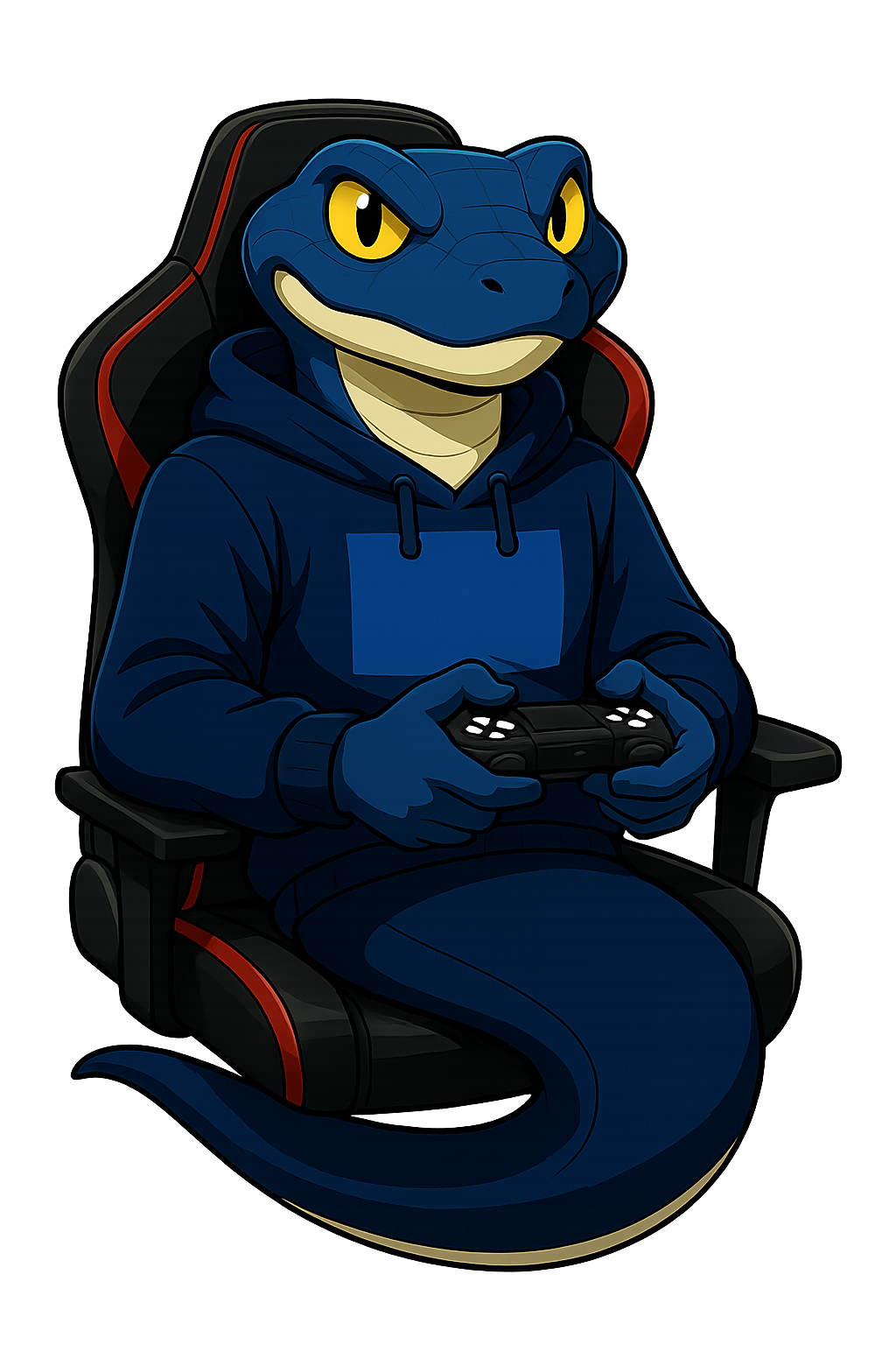 Based Snek character playing video games in a gaming chair